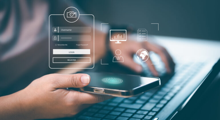 Woman hold Smartphone with virtual global with cyber security, L