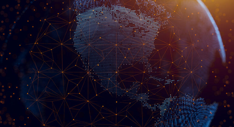 Dotted earth with a digital communication line. Global network connection around the globe. Futuristic technology concept. World wide web. The United States of America. 3D Rendering.