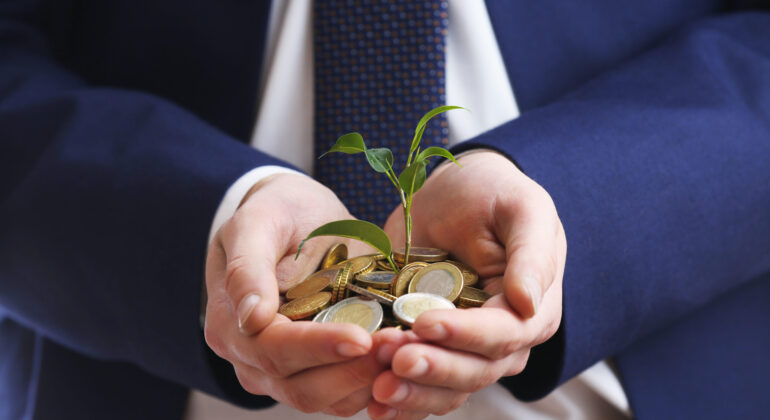 Handful of coins with growing sprout, closeup view