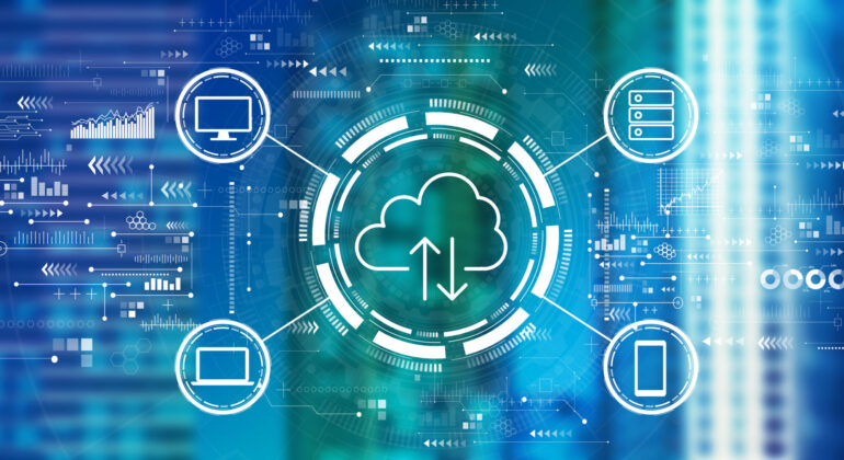 Cloud computing with downtown skyline